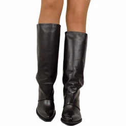 High Cowboy Texan Boots with Gaiter, Smooth Leather, High Heel, Black