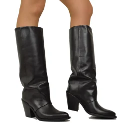 High Cowboy Texan Boots with Gaiter, Smooth Leather, High Heel, Black