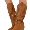 High Heel Boots Round Toe Suede Leather Floral Laser-Cut Perforated –