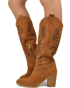 High Heel Boots Round Toe Suede Leather Floral Laser-Cut Perforated –