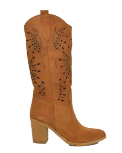 High Heel Boots Round Toe Suede Leather Floral Laser-Cut Perforated –