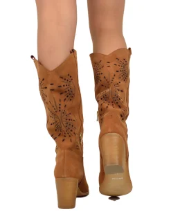 High Heel Boots Round Toe Suede Leather Floral Laser-Cut Perforated –