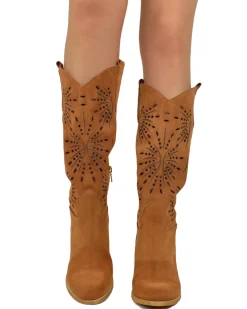 High Heel Boots Round Toe Suede Leather Floral Laser-Cut Perforated –