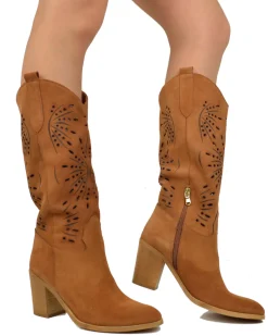 High Heel Boots Round Toe Suede Leather Floral Laser-Cut Perforated –