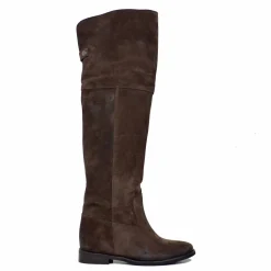 High Knee-High Boots with Internal Wedge, Brown Suede Leather, Made in