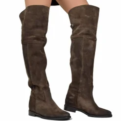 High Knee-High Boots with Internal Wedge, Brown Suede Leather, Made in