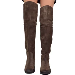 High Knee-High Boots with Internal Wedge, Brown Suede Leather, Made in