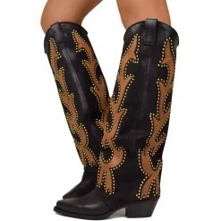High Texans with Gold Studs and Leather Trim Nubuck Leather Western Bo