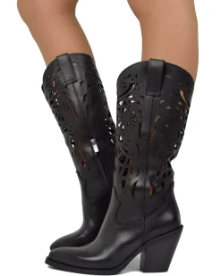 High-Heeled Perforated Cowboy Boots – 9 cm Heel, Genuine Leather, Made