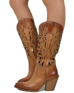 High-Heeled Perforated Cowboy Boots – 9 cm Heel, Genuine Leather, Made