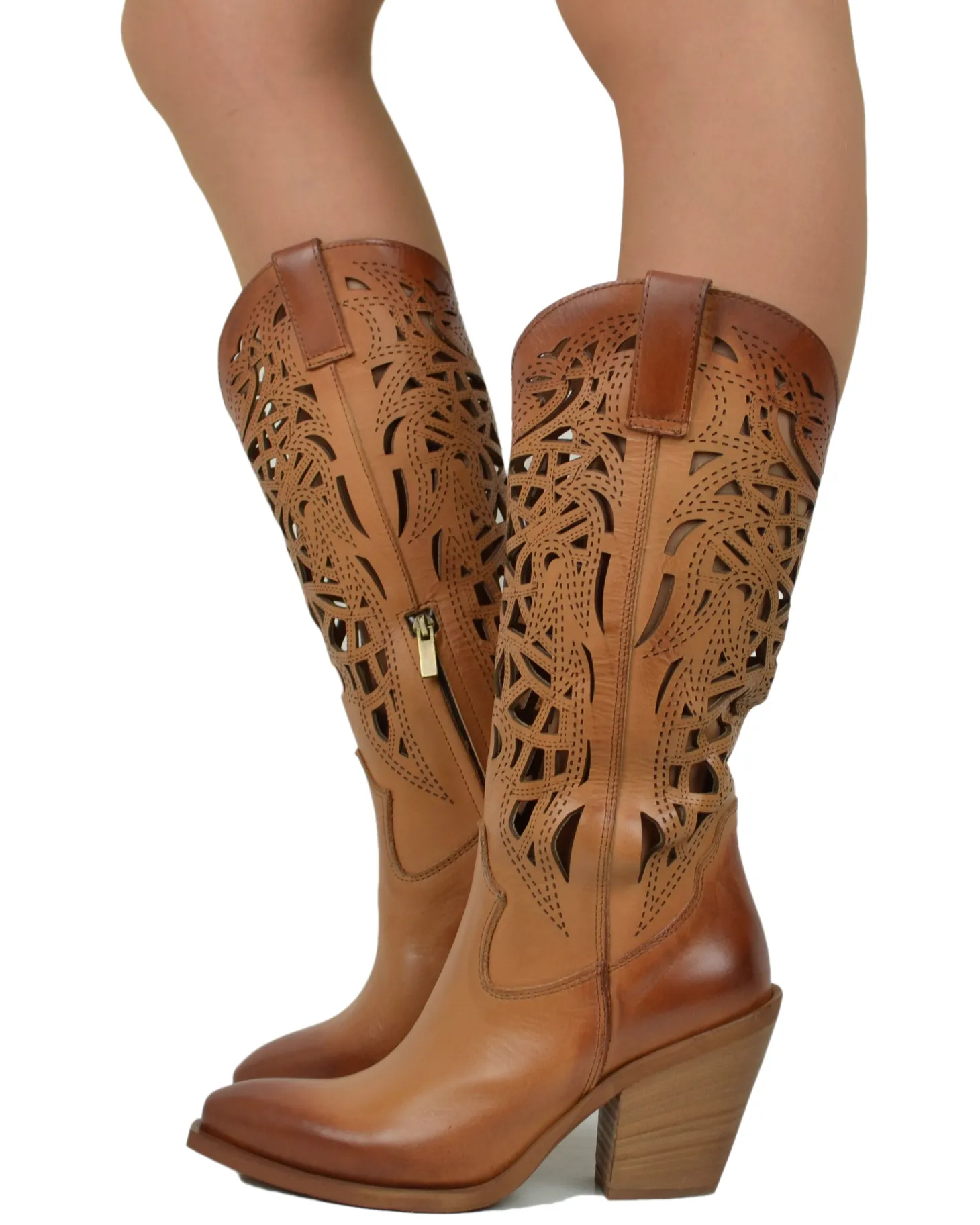 High-Heeled Perforated Cowboy Boots – 9 cm Heel, Genuine Leather, Made