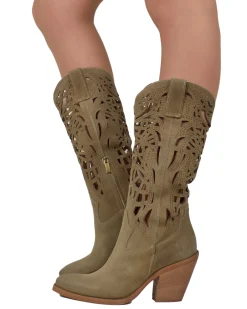 High-Heeled Perforated Cowboy Boots – 9 cm Heel, Suede, Made in Italy