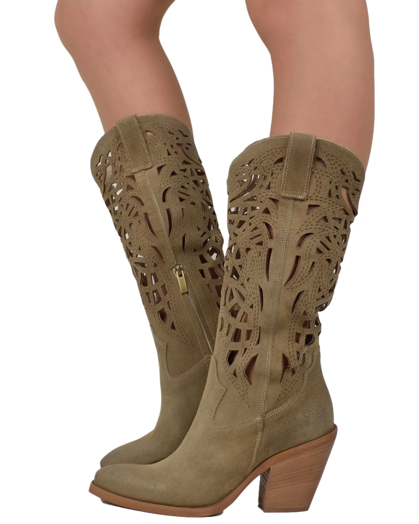 High-Heeled Perforated Cowboy Boots – 9 cm Heel, Suede, Made in Italy