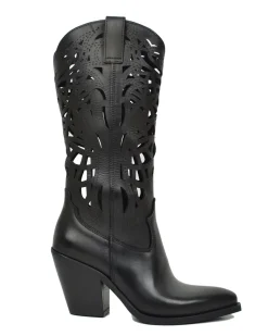 High-Heeled Perforated Cowboy Boots – 9 cm Heel, Genuine Leather, Made