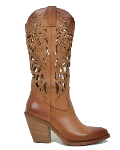 High-Heeled Perforated Cowboy Boots – 9 cm Heel, Genuine Leather, Made