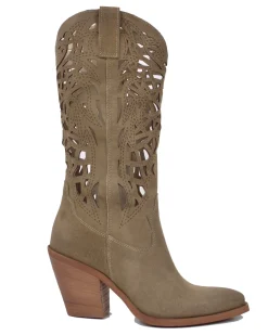 High-Heeled Perforated Cowboy Boots – 9 cm Heel, Suede, Made in Italy