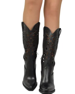 High-Heeled Perforated Cowboy Boots – 9 cm Heel, Genuine Leather, Made