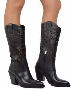 High-Heeled Perforated Cowboy Boots – 9 cm Heel, Genuine Leather, Made