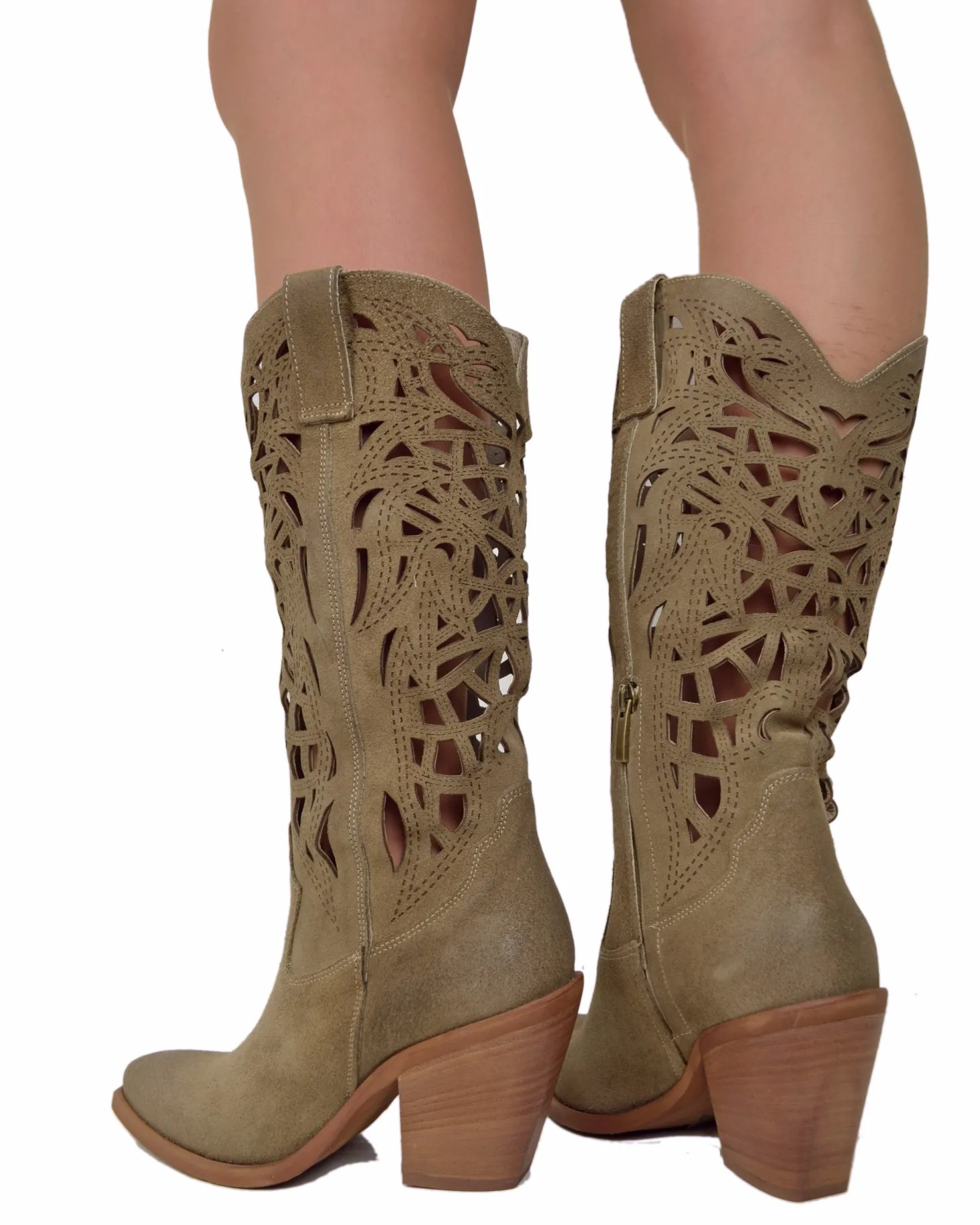High-Heeled Perforated Cowboy Boots – 9 cm Heel, Suede, Made in Italy