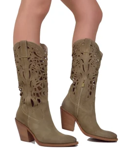 High-Heeled Perforated Cowboy Boots – 9 cm Heel, Suede, Made in Italy