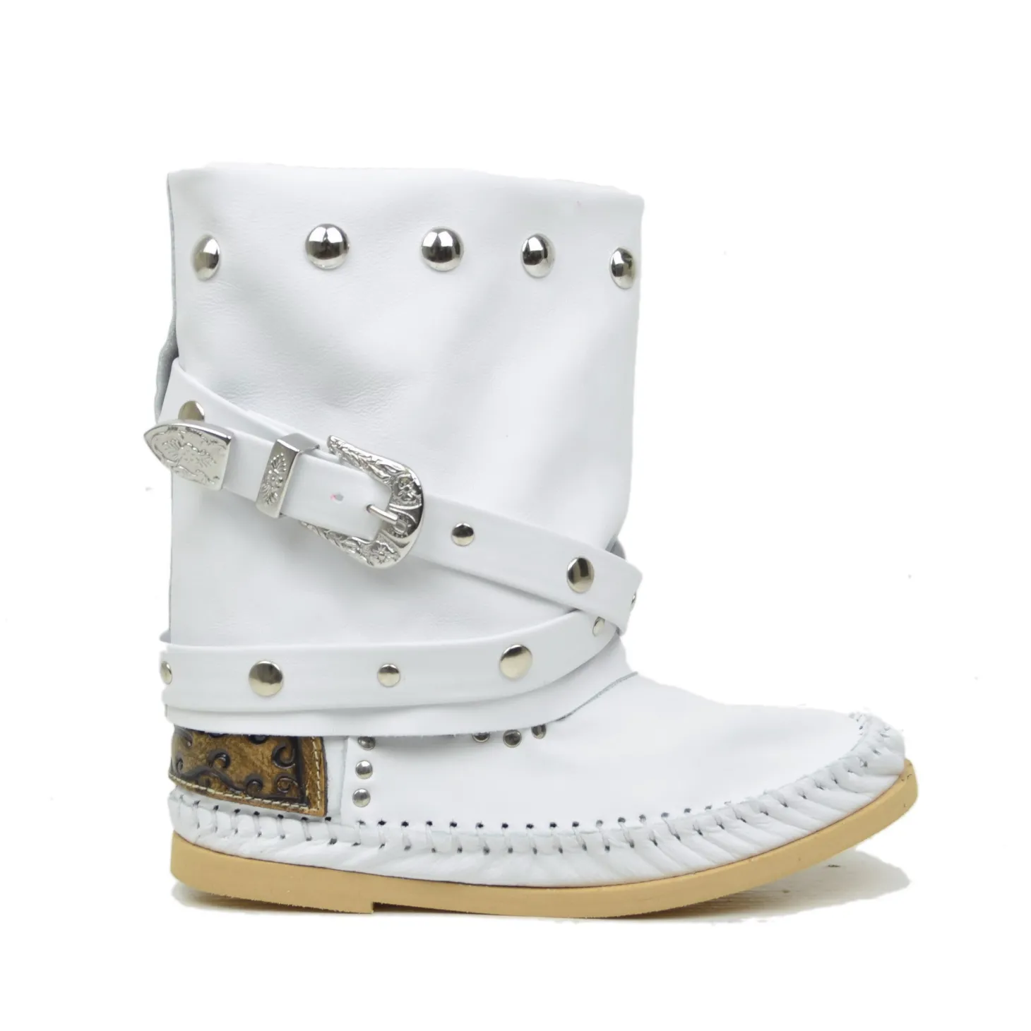 Indianini Bassi in Pelle con Ghetta Bianco con Fibbie Originali KikkiL