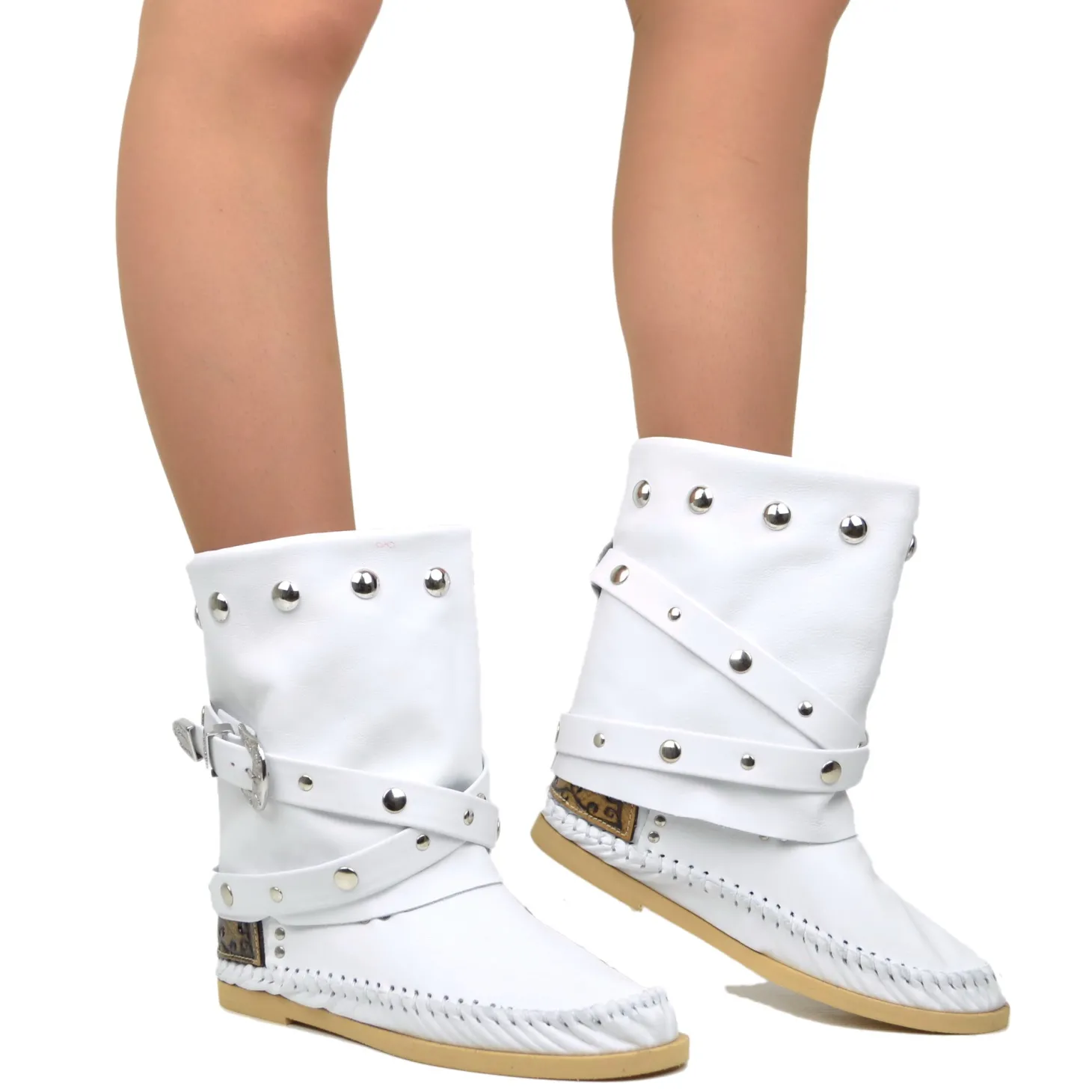 Indianini Bassi in Pelle con Ghetta Bianco con Fibbie Originali KikkiL