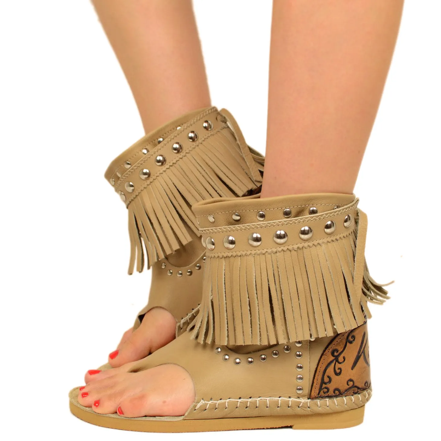 Indianini Estivi in Pelle Beige con Frange Made in Italy
