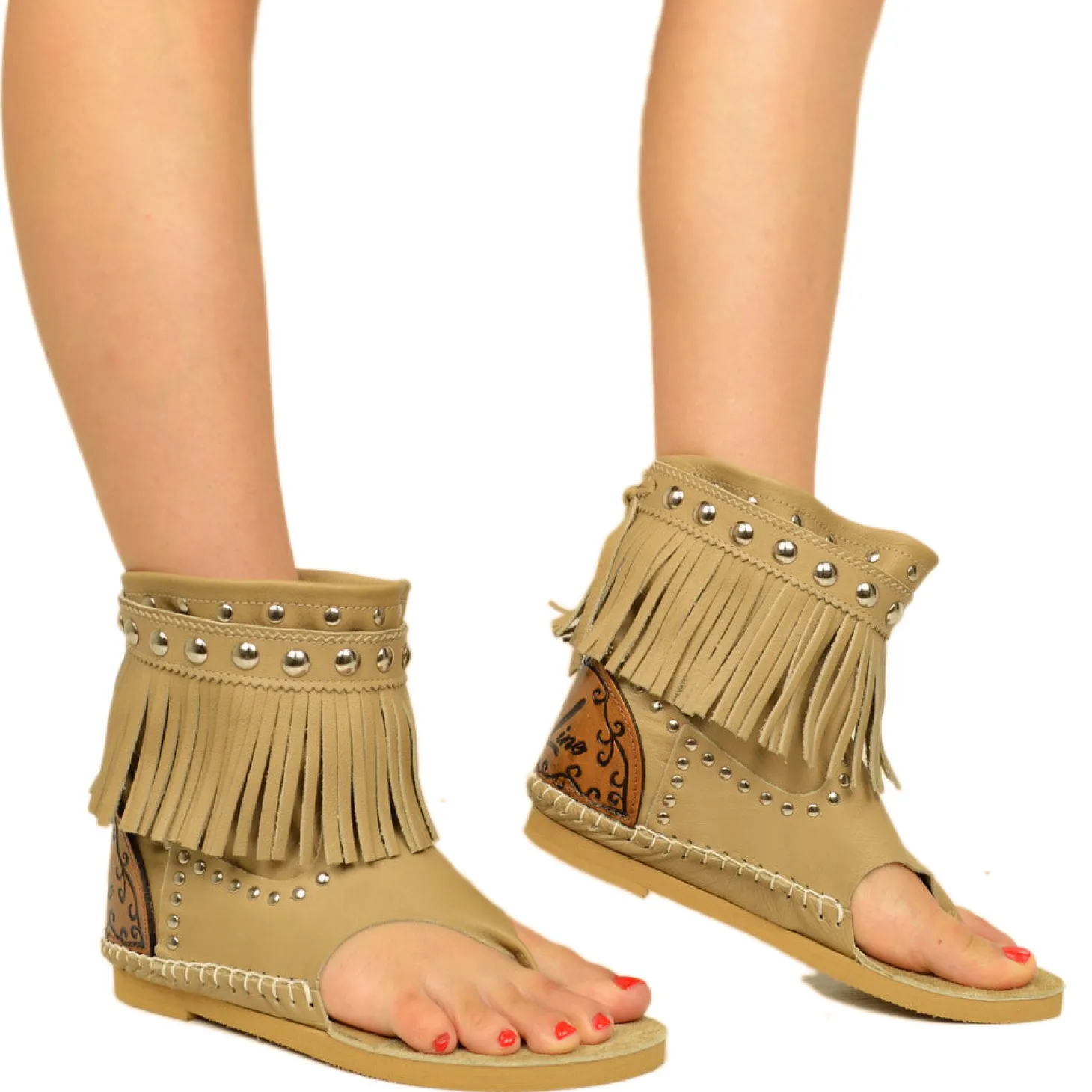 Indianini Estivi in Pelle Beige con Frange Made in Italy