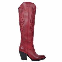 Knee High Texan Boots 9cm High Heel Genuine Leather Red
