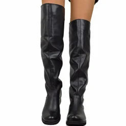 Knee-high boots in genuine leather with a soft shaft low heel and roun