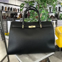 Large Black Bag Golden Accessory Semi-Rigid Roomy Genuine Leather "GIL