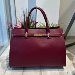 Large Red Bordeaux Bag Golden Accessory Semi-Rigid Roomy Genuine Leath