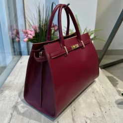 Large Red Bordeaux Bag Golden Accessory Semi-Rigid Roomy Genuine Leath