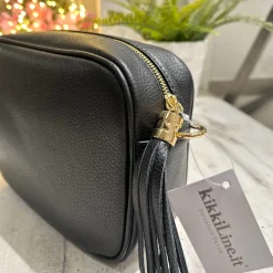 LARGE Square Bag with Tassel and Zip GENUINE Black LEATHER with should