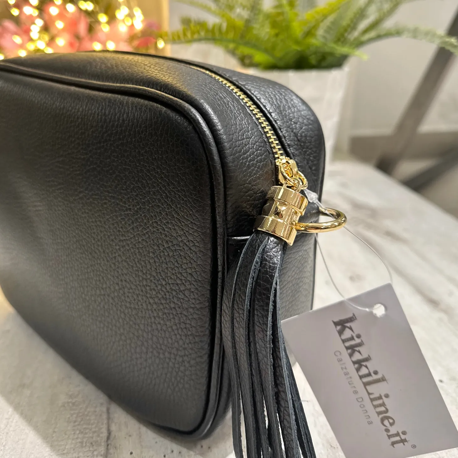 LARGE Square Bag with Tassel and Zip GENUINE Black LEATHER with should