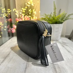 LARGE Square Bag with Tassel and Zip GENUINE Black LEATHER with should