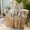 Large Straw Bag with Lace and Pearls Sea Picnic Estela