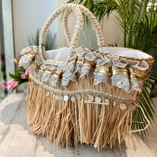 Large Straw Bag with Lace and Pearls Sea Picnic Estela