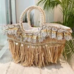 Large Straw Bag with Lace and Pearls Sea Picnic Estela