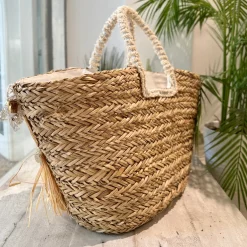 Large Straw Bag with Lace and Pearls Sea Picnic Estela