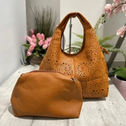 Laser-Cut Faux Leather Bag with Inner Pouch and Strap – Tan, BRIDGET