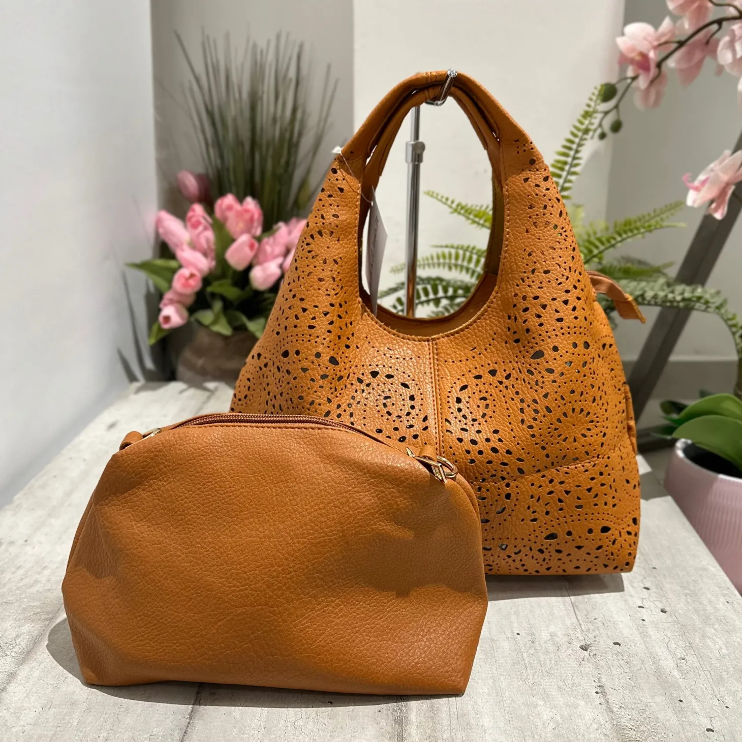 Laser-Cut Faux Leather Bag with Inner Pouch and Strap – Tan, BRIDGET