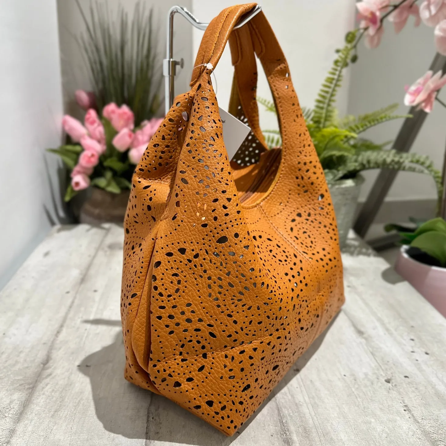 Laser-Cut Faux Leather Bag with Inner Pouch and Strap – Tan, BRIDGET