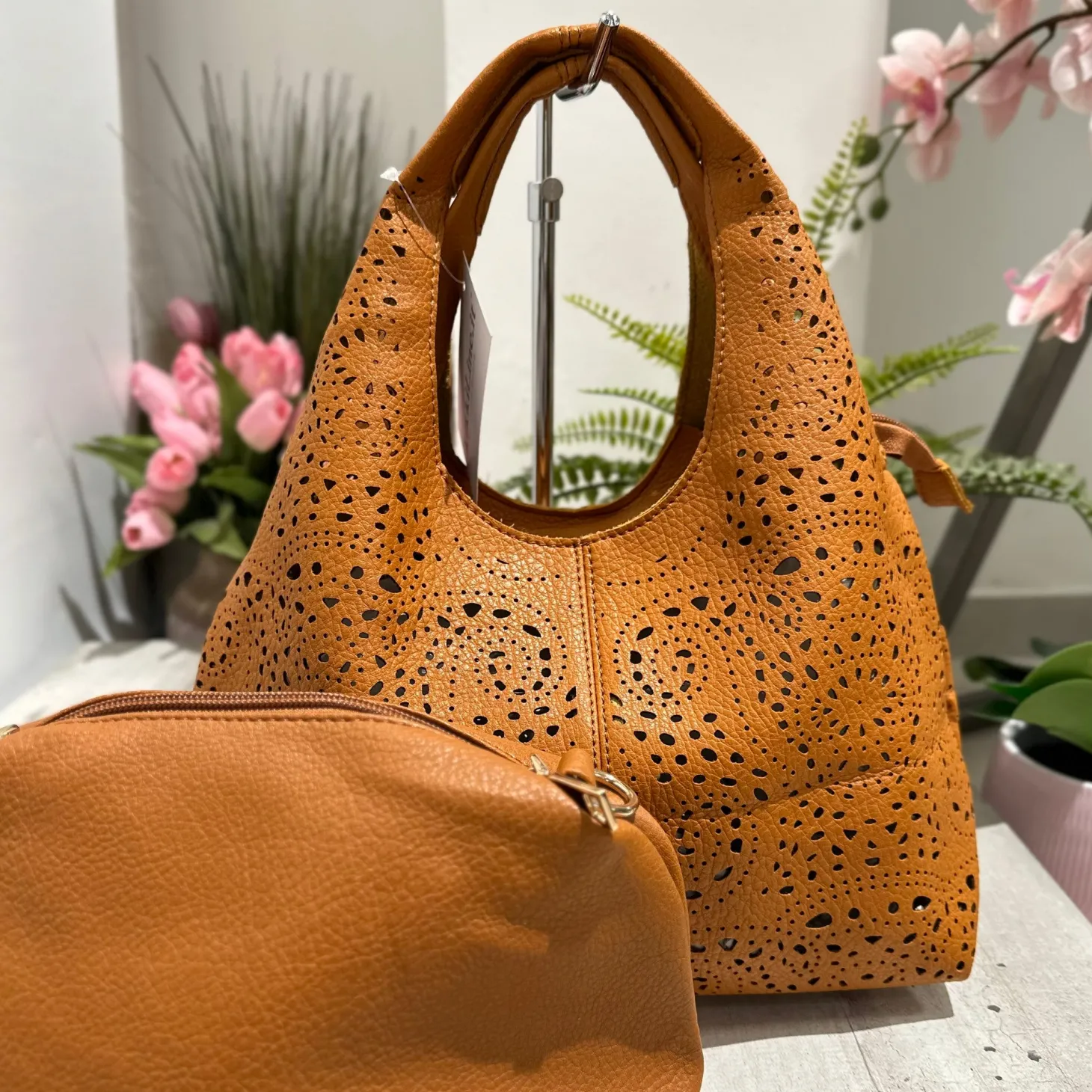 Laser-Cut Faux Leather Bag with Inner Pouch and Strap – Tan, BRIDGET
