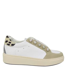 Leopard Print Sneakers with Rhinestone Buttons in Leather and Suede Be