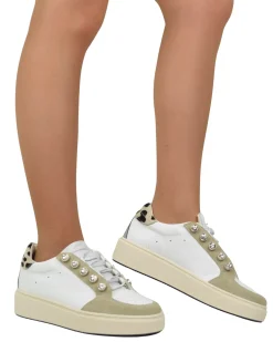 Leopard Print Sneakers with Rhinestone Buttons in Leather and Suede Be
