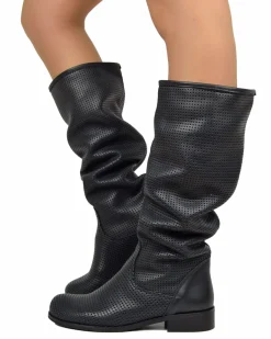 Lightweight Summer Perforated Biker Boots Round Toe Genuine Leather Bl