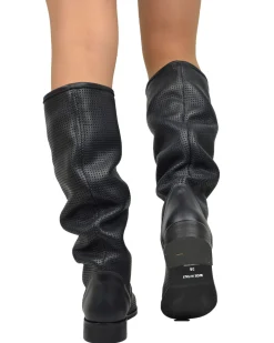 Lightweight Summer Perforated Biker Boots Round Toe Genuine Leather Bl