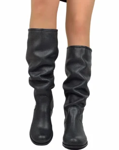 Lightweight Summer Perforated Biker Boots Round Toe Genuine Leather Bl