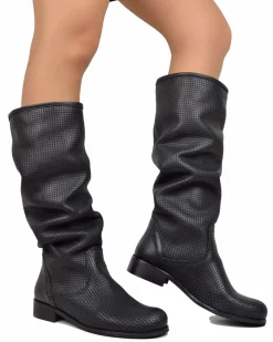 Lightweight Summer Perforated Biker Boots Round Toe Genuine Leather Bl